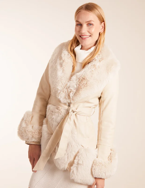 Faux Fur Collar PU Belted Coat