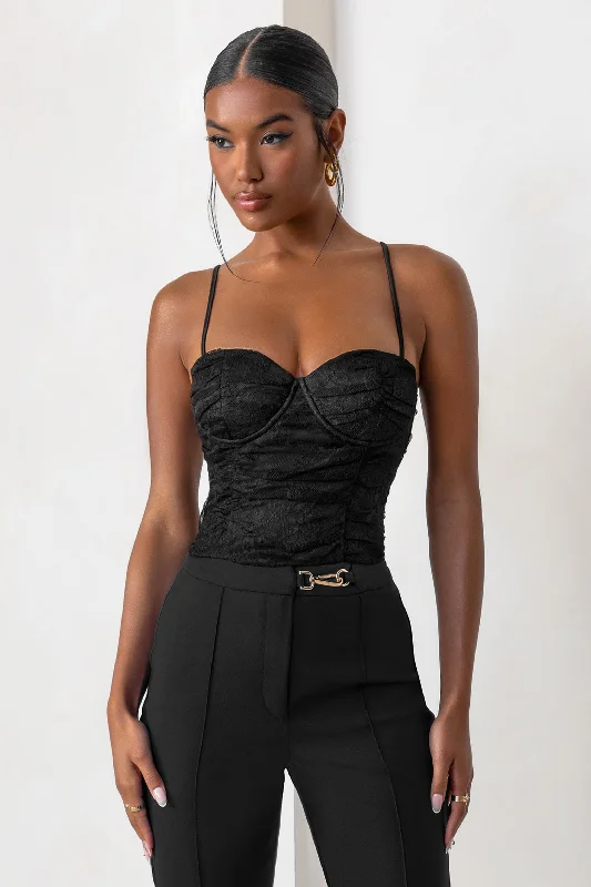 Talulla | Black Lace Ruched Mesh Top With Bra Cup Detail