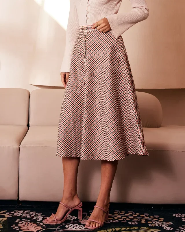 The Brown High Waisted Plaid Button Midi Skirt