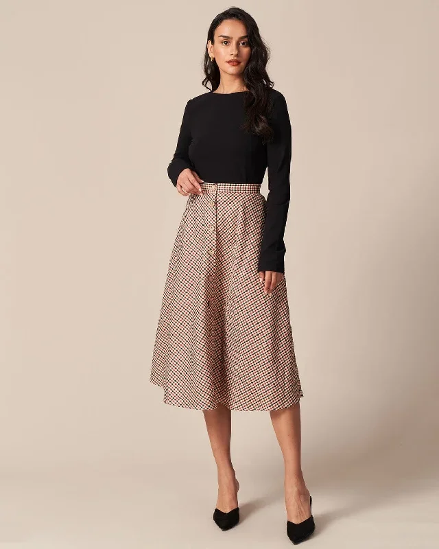 the-brown-high-waisted-plaid-button-midi-skirt