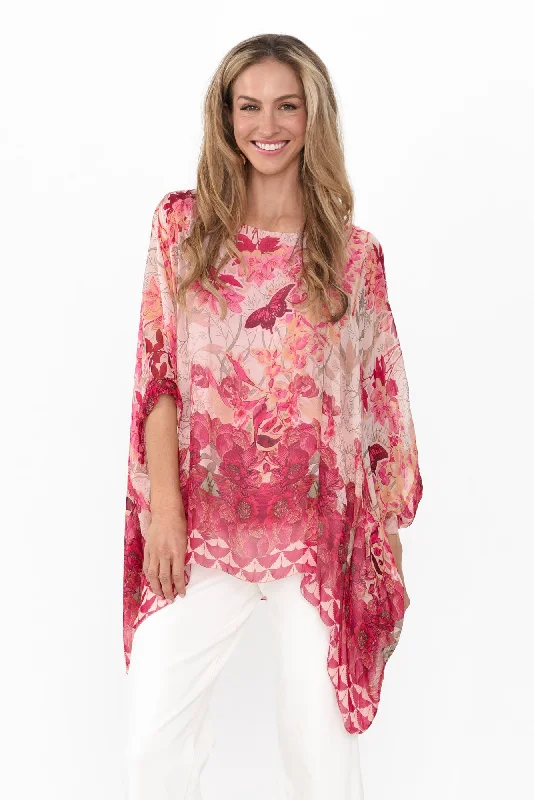 Trevino Pink Floral Silk Overlay Top