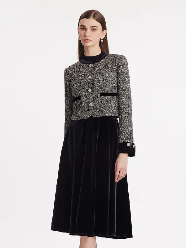 Tweed Crop Jacket And Velvet Skirt Two-Piece Set