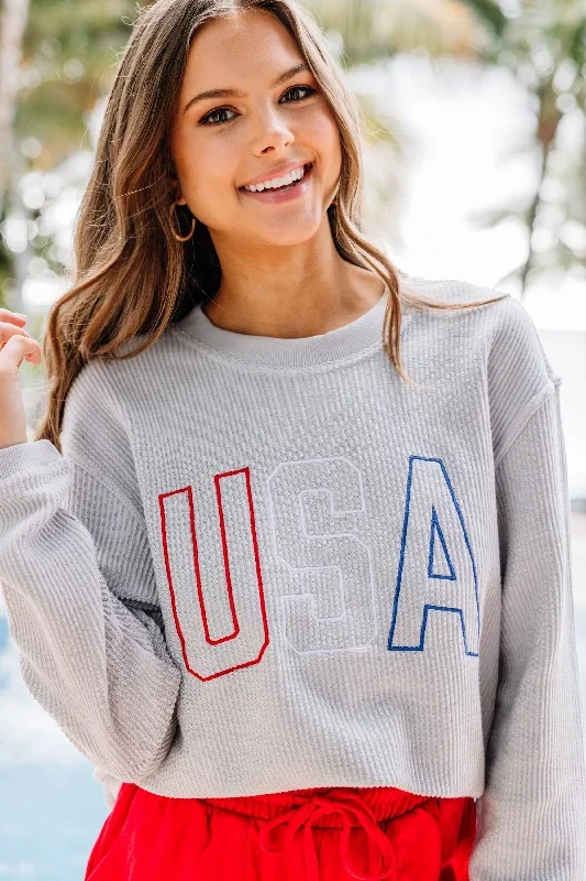 USA Silver Gray Embroidered Corded Sweatshirt