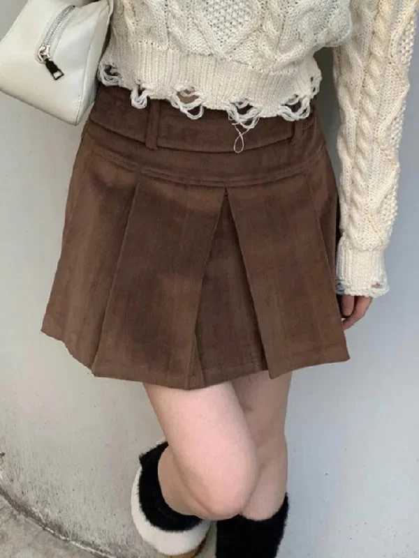 vintage-brown-corduroy-belted-pleated-mini-skirt