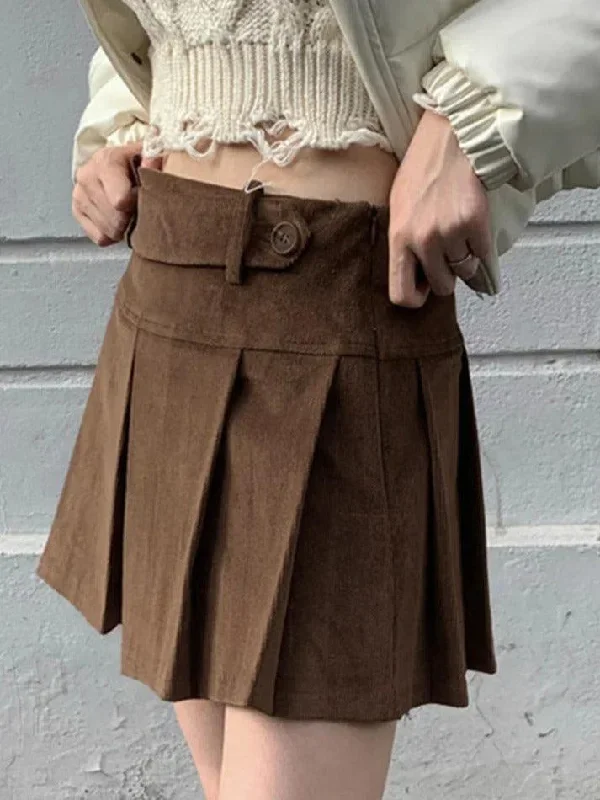 vintage-brown-corduroy-belted-pleated-mini-skirt