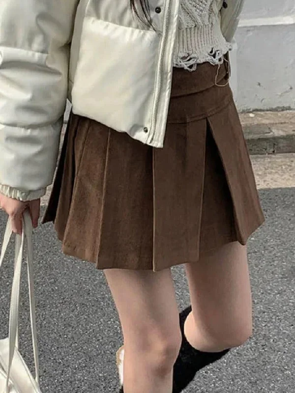 vintage-brown-corduroy-belted-pleated-mini-skirt