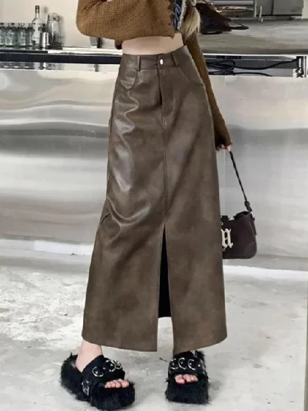 vintage-brown-high-rise-split-pu-leather-midi-skirt