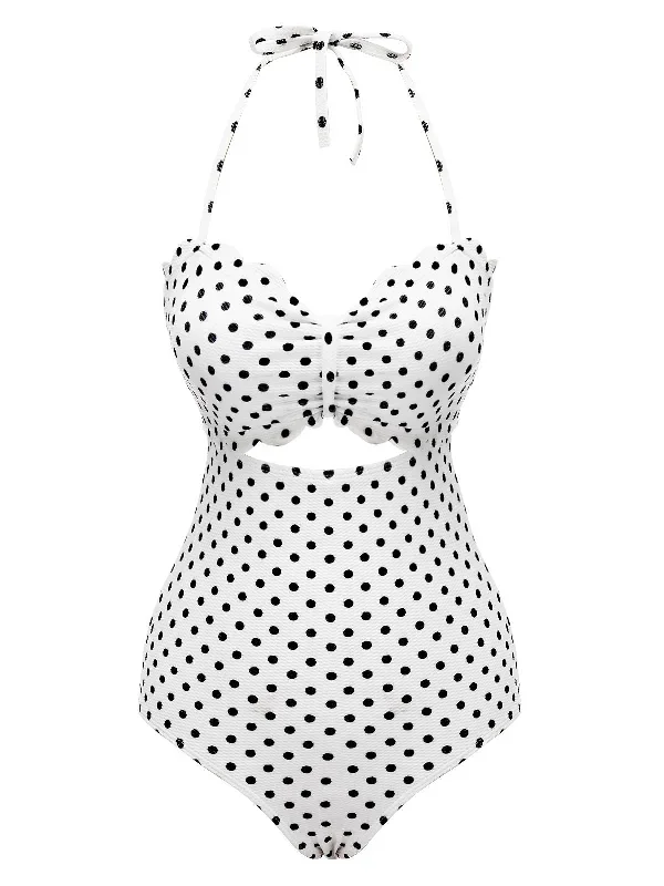 White 1940s Polka Dot Lace Up Halter Swimsuit