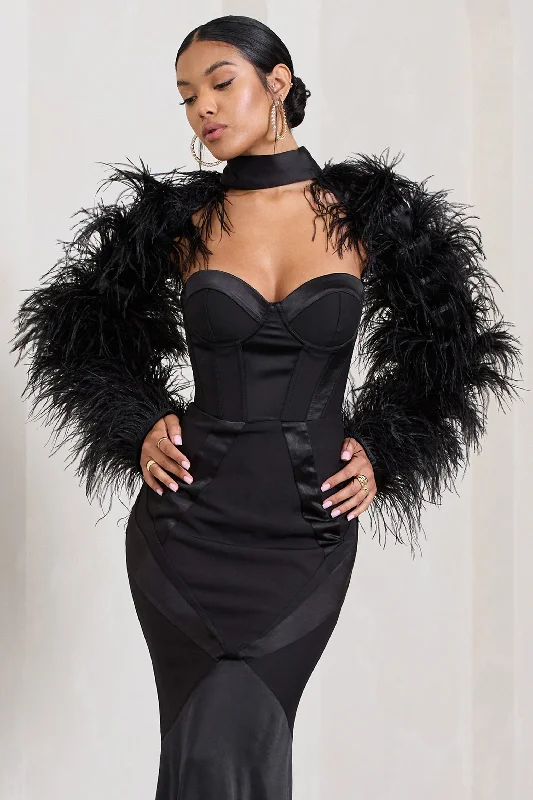 Wild | Black Satin Jacket With Long Feather Sleeves